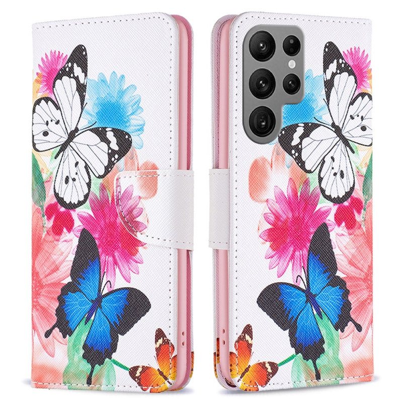 Folio Deksel Samsung Galaxy S24 Ultra 5g To Sommerfugler Beskyttelse Deksel