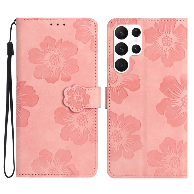 Lærdeksel Folio Deksel Samsung Galaxy S24 Ultra 5g Mobildeksel Blomster Med Stropp