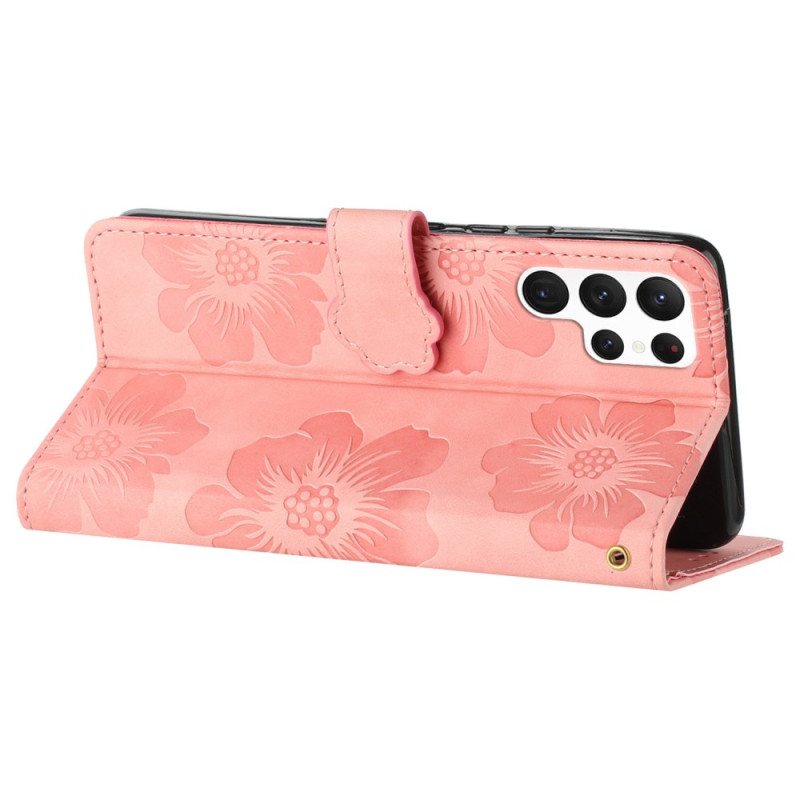 Lærdeksel Folio Deksel Samsung Galaxy S24 Ultra 5g Mobildeksel Blomster Med Stropp