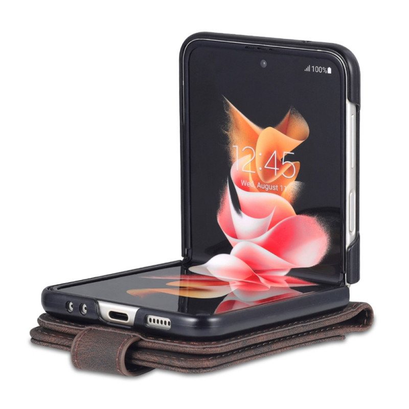 Etui Til Samsung Galaxy Z Flip 3 5G Folio Deksel Skinneffektkortholder Og Stropp Azns