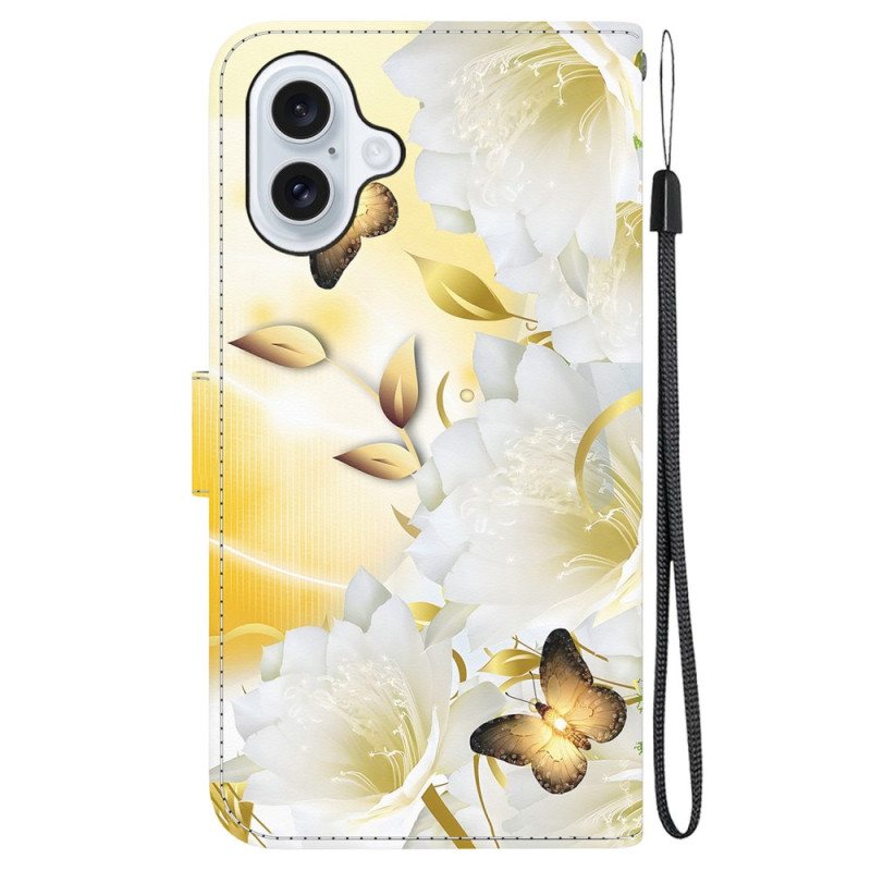 Folio Deksel Til iPhone 16 Gylne Sommerfugler Og Hvite Blomster Med Stropp