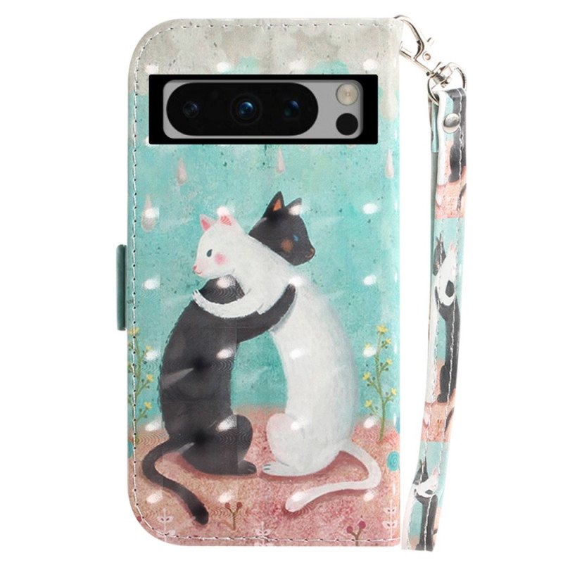 Folio Deksel Google Pixel 8 Pro Svart Katt Hvit Katt Med Stropp Beskyttelse Deksel